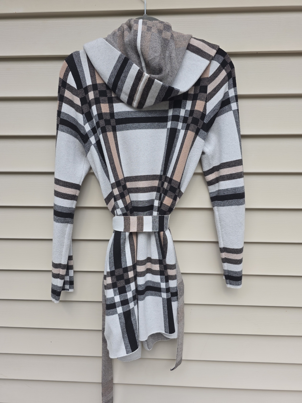 Christian Siriano Plaid Hooded Belted Cardigan in Gray, Black & Brown - Picture 3 of 5